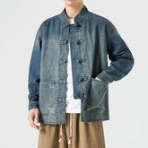 Hearujoy Retro Chinese Style Washed Denim Jacket For Men Spring Autumn Long Sleeved Stand Collar Top Fashion Vintage Ethnic Shirts Coat